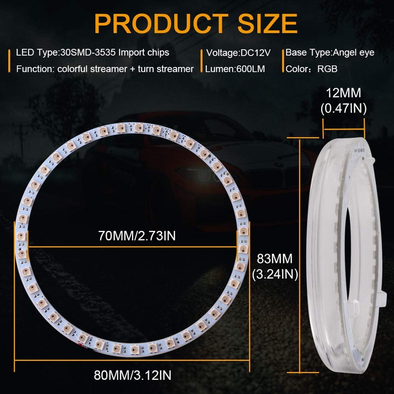 Qasim 1-Pair 80MM 30SMD 3535 LED RGB Angel Eyes Halo Rings for Motorcycle Car DRL Fog Lamp Turn Signal Light APP Bluetooth Control Multi-Color 12V - Image 2